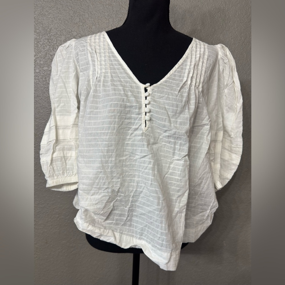 Summersalt White Pleated Button Up Henley Puff Sleeve Top, Sz M - Picture 6 of 7